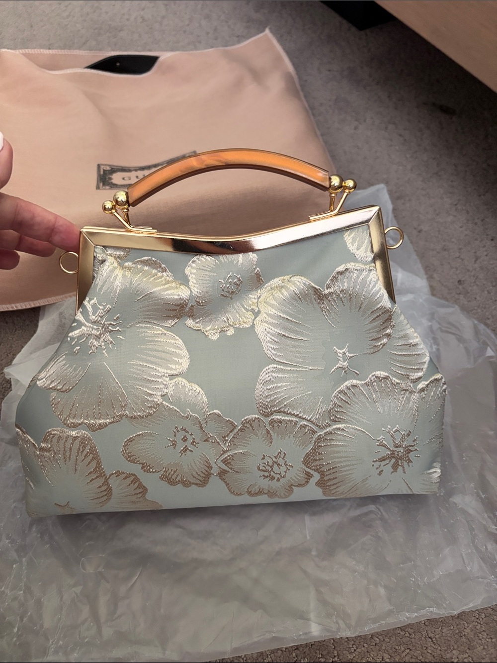 Nib :::: Elegant Floral Jacquard Top-Handle Bag in Pale Blue and Gold